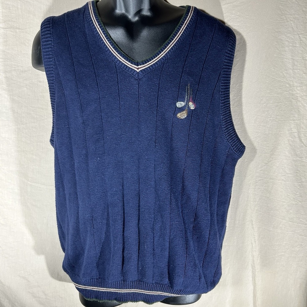 Vintage Lee Sport Golf Sweater Vest Men's Medium Navy Blue V-Neck Made in USA